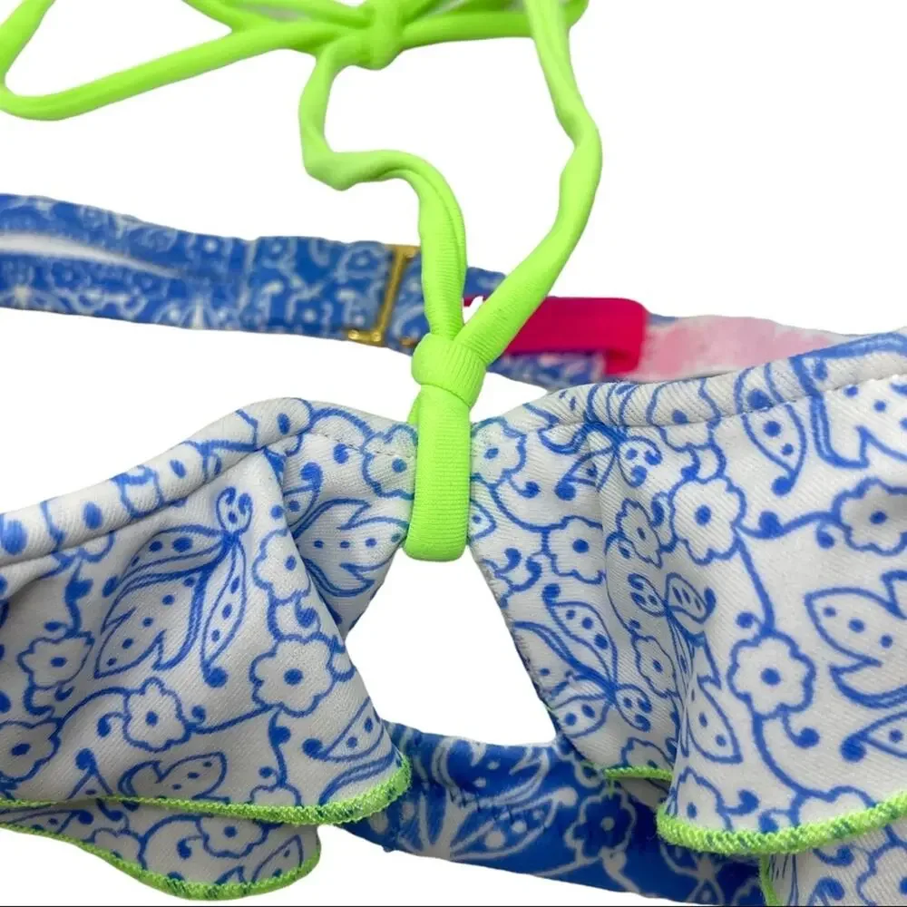 Victoria’s Secret Blue Floral Print Ruffle Neo Green Tie Bikini Top Size 34 B